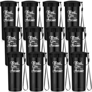 NEW 15 oz Thank You Gifts Inspirational Water Bottles Lid Strap (Black, 12 Pcs)